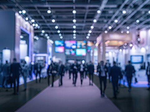 Blurry Crowd Walking Through Modern Exhibition Hall.