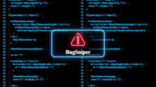 Bug sniper software debugging concept with glowing neon warning sign on scrolling digital programming source code