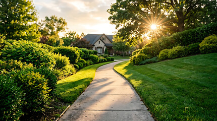 Obraz premium curved sidewalk leading to a house surrounded by lush greenery and trees at sunset