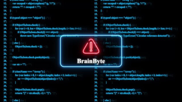 Neon brain byte animation with scrolling blue programming code background, for tech and, software development projects
