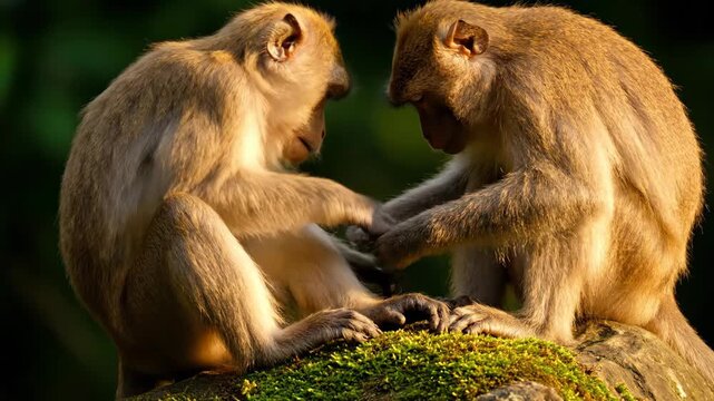 Two monkeys grooming, primates sitting on mossy rock in nature habitat. 