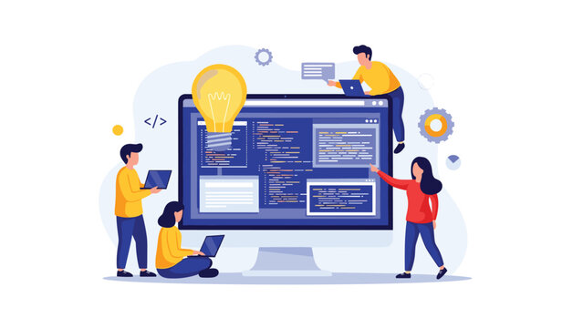 Software developers and programmers working on code around a giant monitor featuring a glowing lightbulb for creative solutions.