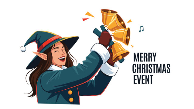 Smiling female elf character in blue festive costume ringing golden handbells for merry Christmas event celebration concepts.