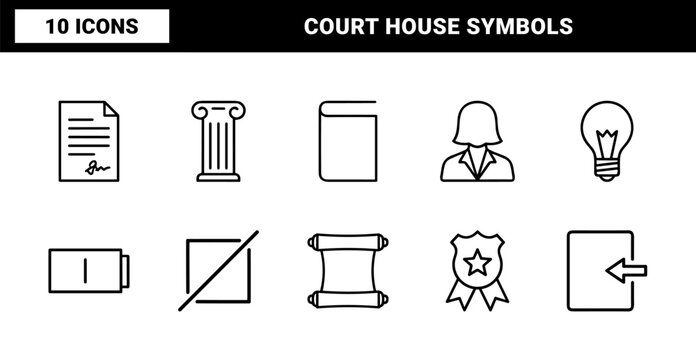 Legal and justice thin line icon set with courthouse gavel and scale symbols