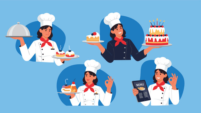 Set of female chef characters in white uniforms and hats presenting various delicious cakes, desserts, and restaurant menus.