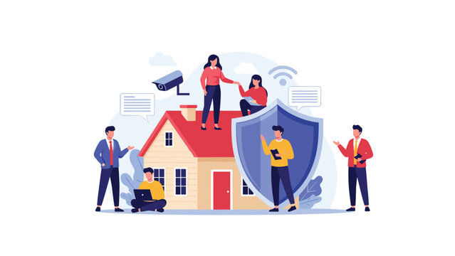 Concept of home security and protection showing people around small house with shield camera and wifi icons.
