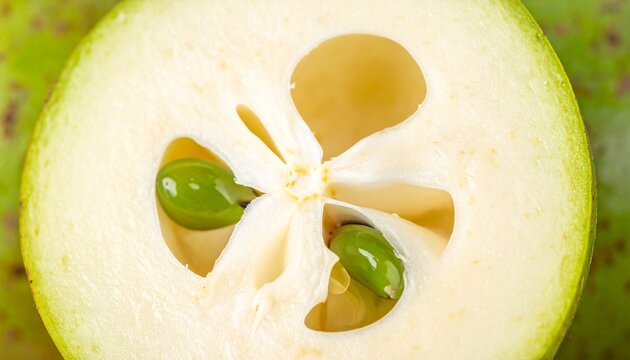 Macro cross-section of white sapote fruit with creamy flesh and green seeds on yellow skin