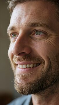 Authentic close up portrait of a happy man with a beard and green eyes. Crows feet show genuine joy. Soft natural light and warm neutral tones create a content and optimistic mood