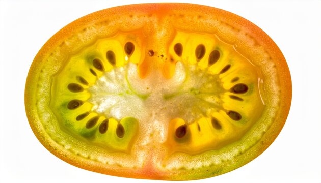 Vibrant heirloom tomato cross-section with juicy seeds and locules on white background