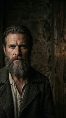 Obraz premium Retrato cinematográfico intenso inspirado em Tiradentes com expressão determinada iluminação dramática e fundo escuro destacando liderança coragem e idealismo histórico