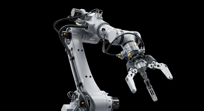 Industrial robotic arm with advanced manipulator on a black background, showcasing precision engineering and automation