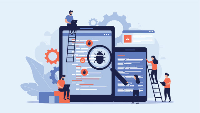 Software development and testing concept with people finding bugs on large digital screens with magnifying glass.