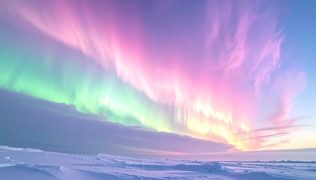 Vibrant Polar Stratospheric Clouds with Aurora-Like Pink and Green Glow Over Snowy Landscape