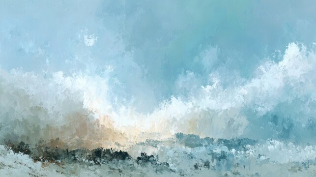 Avalanche on Himalayas snow mountain range. Abstract oil painting art style. White cold winter storm mist clouds. Natural environment adventure travel. Arctic nordic antarctica extreme weather.