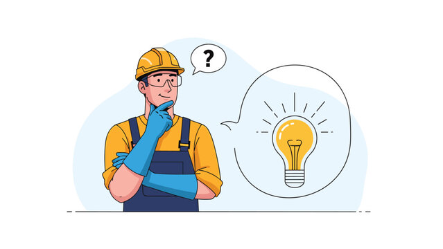 Skilled worker in a hard hat and protective gear thinks deeply as a bright lightbulb appears in a speech bubble to symbolize a creative idea.