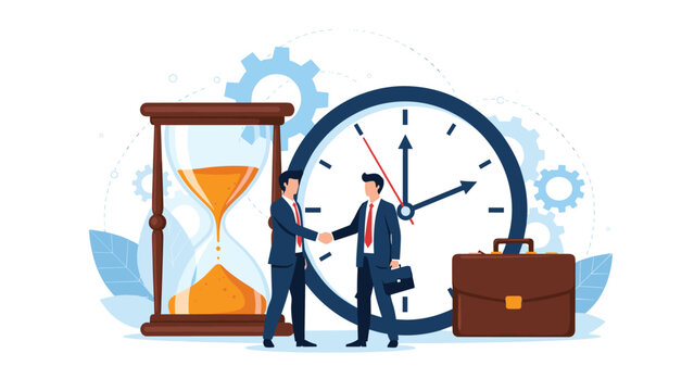Two professional businessmen shake hands in front of a giant clock and hourglass to symbolize the importance of timing and punctuality in deals.