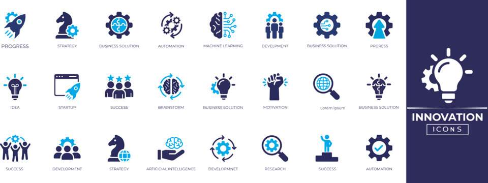 Innovation solid icon set. Containing idea, concept, leadership, invention, startup, creativity, agile, solution, process and more. Solid icon collection.