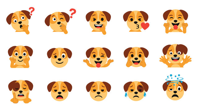 Grid of cute dog face icons showing a wide variety of emotions and expressions for social media stickers or character design inspiration.