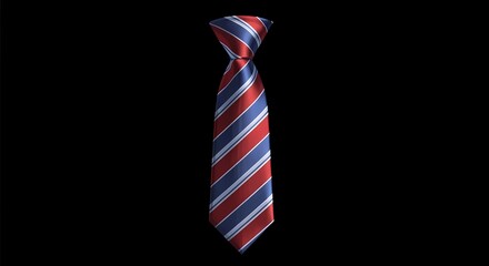 Obraz premium A classic striped necktie with a knot, featuring alternating diagonal stripes of deep red and navy blue on a black background