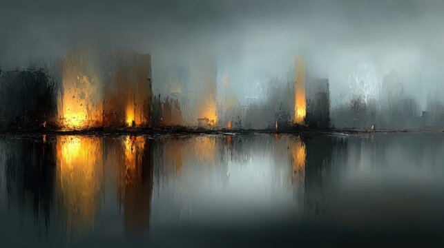 Abstract painting of city landscape. Contemporary art modern concept. Tall buildings with reflection on river lake sea water lights sunset sunlight gold gray dark darkness clouds rainstorm. 16:9