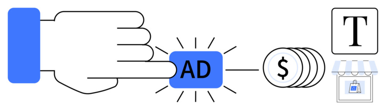 Online marketing, monetization, digital commerce, creative content, ad revenue, business tools. Hand pressing ad button connected to money and storefront. Online marketing and monetization methods