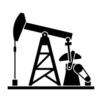 Industrial oil pump jack vector icon, black petroleum derrick, fuel extraction rig