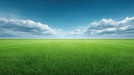 Obraz premium Expansive Green Field Under Bright Blue Sky with Fluffy White Clouds and Gentle Horizon Line Captured on a Sunny Day