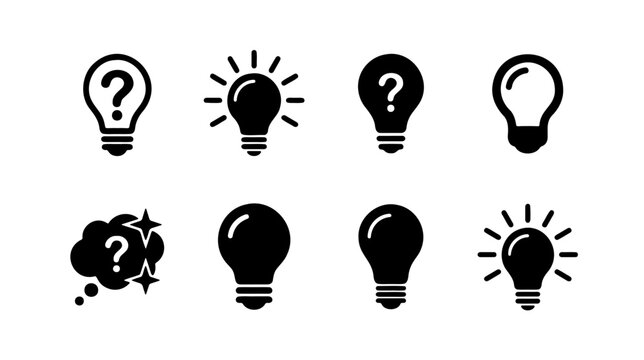 Light bulb icon set, 8 black idea symbols, question mark and solution vector graphics