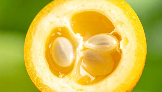 Macro cross-section of ripe abiu fruit with translucent white flesh and seeds