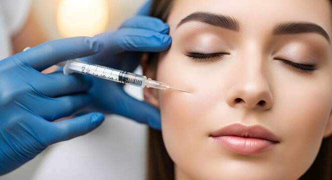 A close-up shot of the aesthetic treatment with injection being administered on a woman's face 