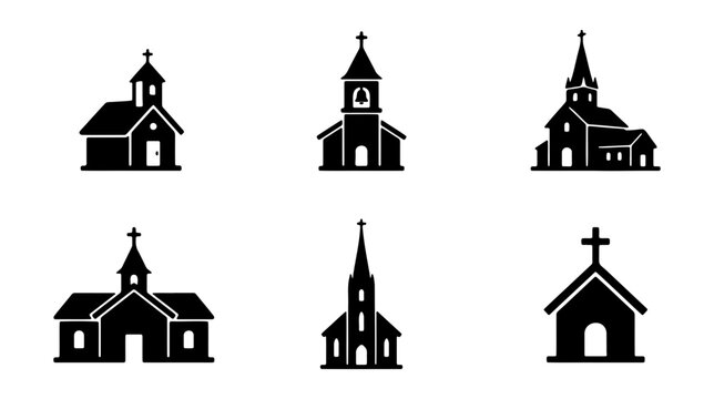 Church building icon set, black christian chapel silhouettes, 6 religious vector icons