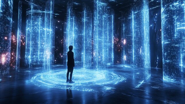 Child exploring futuristic digital city, glowing data streams