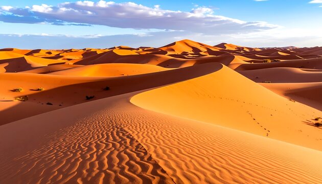 Rolling sand dunes with ripple patterns under a blue sky with scattered clouds