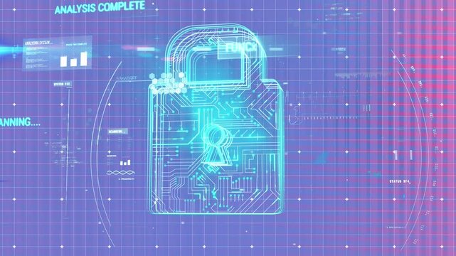 Animation of data processing and security padlock over blue and pink background