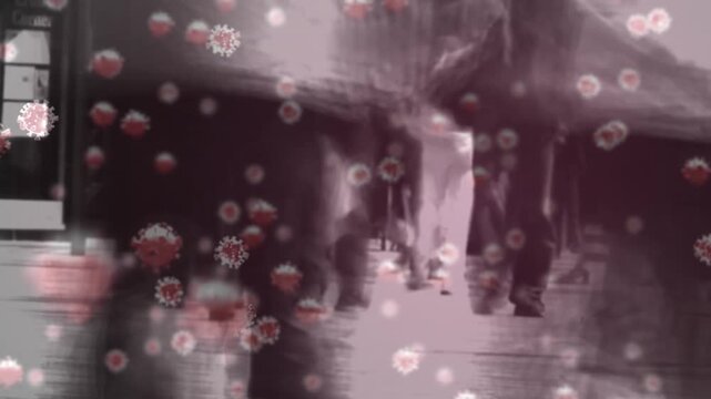 Animation of virus cells over legs of people walking in street