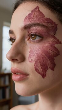 Woman with a large natural birthmark (port-wine stain) covering one side of her face. Pensive woman with creative, artistic makeup. Red leaf is applied to her skin, blending with her natural beauty. S