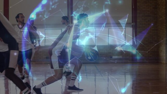 Animation of network of connections and globe over diverse basketball players