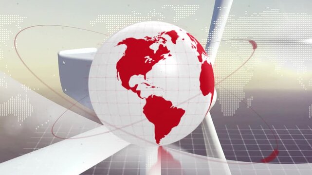Animation of globe and world map over wind turbine