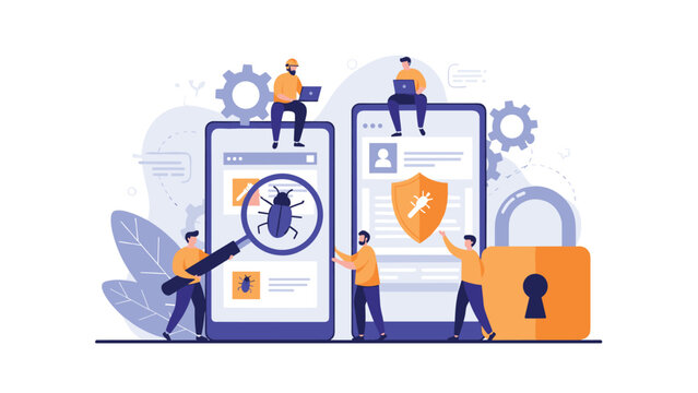 Software developers team fixing bugs and enhancing security on giant smartphones with a magnifying glass and a shield icon.