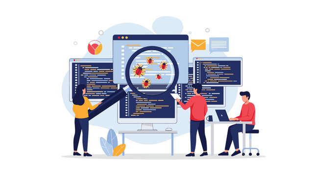 Software developers working on computers and using a large magnifying glass to find bugs and errors in complex code lines.