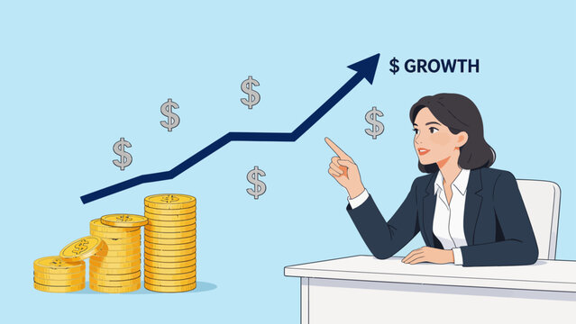 Businesswoman pointing at growing coins