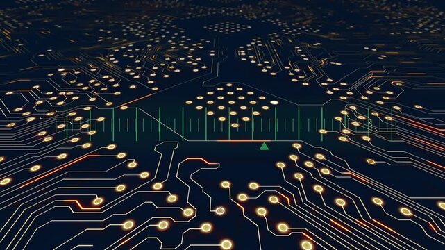 Composition of network of connections over human green light trails on black background