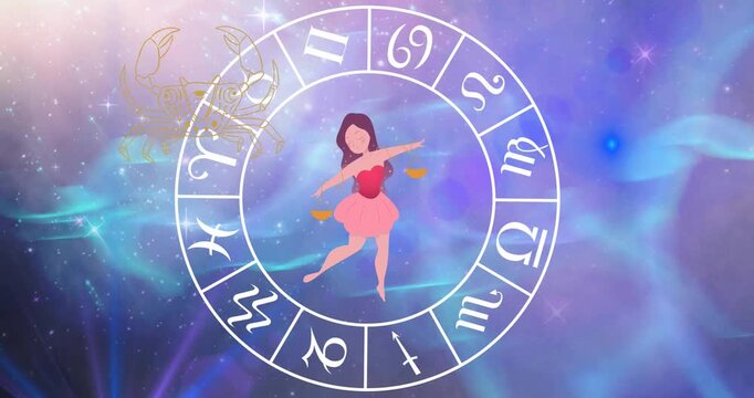 Animation of horoscope symbols over stars on blue background