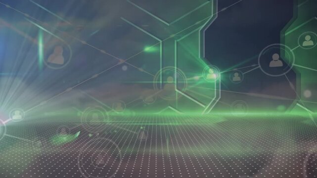 Animation of network of connections and data processing over cloudy sky