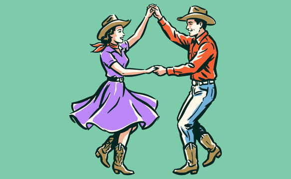 Country Swing Dancing. Vintage western dance graphic print. Rodeo club artwork for poster, t-shirt, sticker and other uses. Square dance fun.
