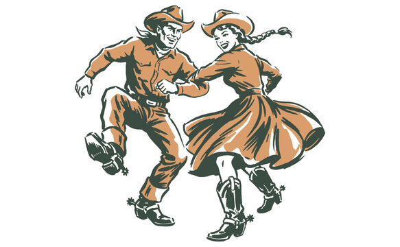 Wild West swing. Vintage country dance club graphic artwork. Traditional cowboy and cowgirl line dance illustration for poster, sticker and apparel.