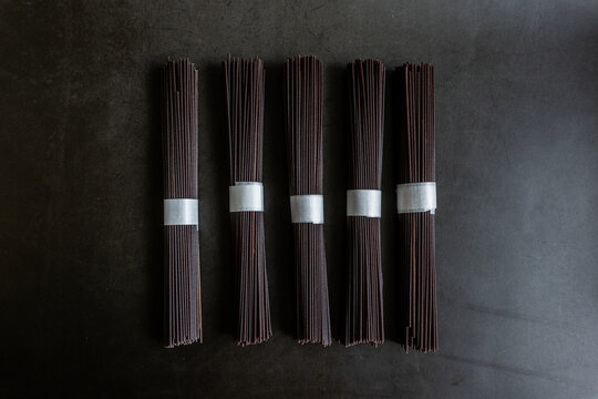 Close-up of dry Asian soba noodles