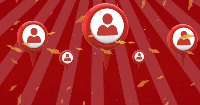 Animation of fall leaves over user icons and red striped background
