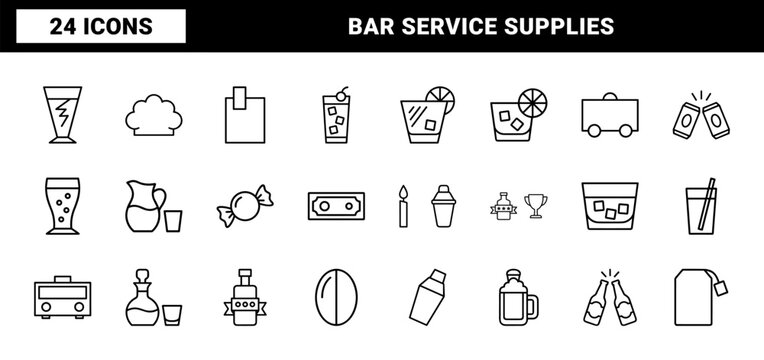 Minimalist liquor and beverage thin line icon set for bar and restaurant menu design.