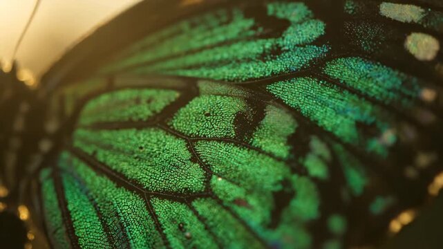Close-up of iridescent butterfly wing with blue, green, and black scales detail.